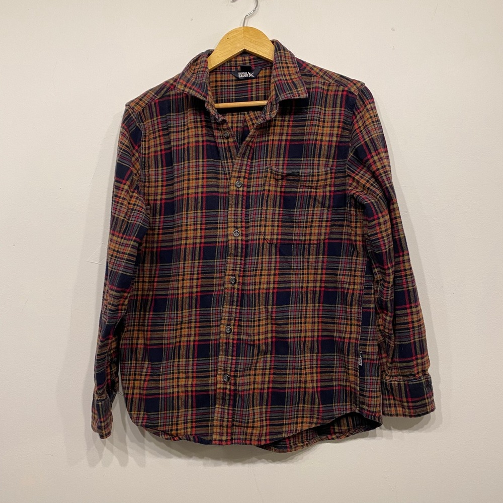 Eddie Bauer Mens Medium Flannel Shirt Long Sleeve Plaid Button Up Navy Orange
